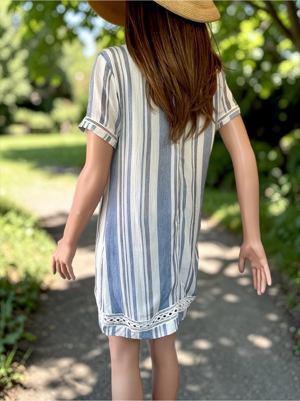 Lulus Blue & White Striped Shift Mini Dress XS Lined Rayon Coastal Boho - Picture 5 of 7